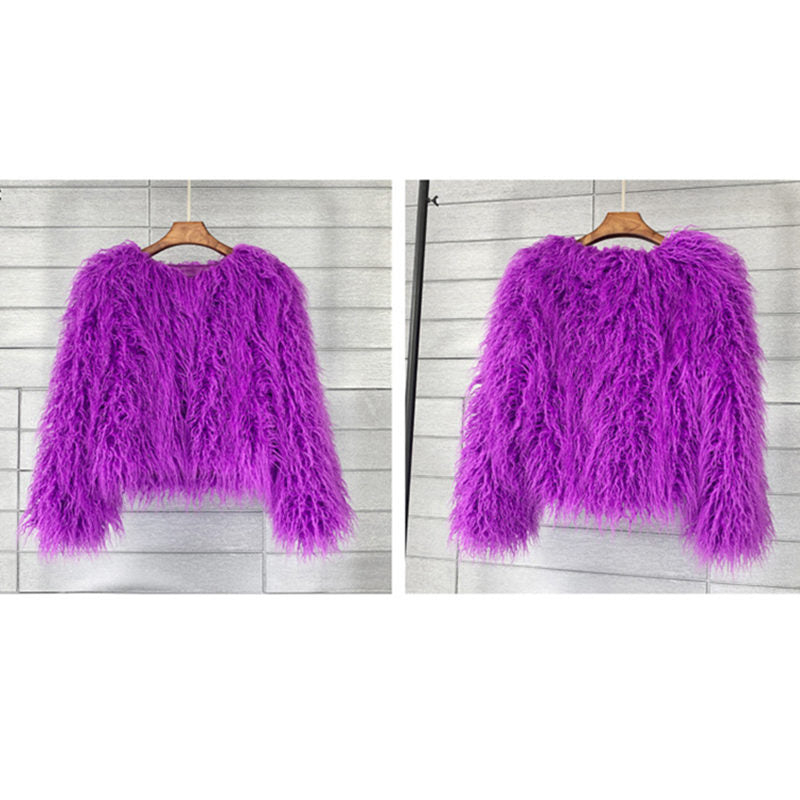 Beakey Womens Shaggy Faux Fur Outwear Short Thermal Coat-Purple