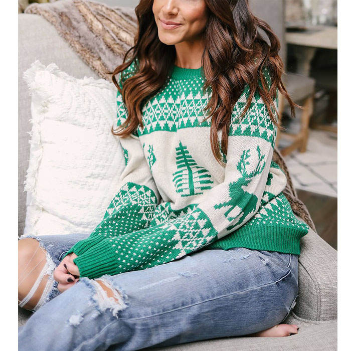 Beakey Women Long Sleeve Christmas Tree Reindeer Holiday Knit Sweater Pullover-Green-CFB0032