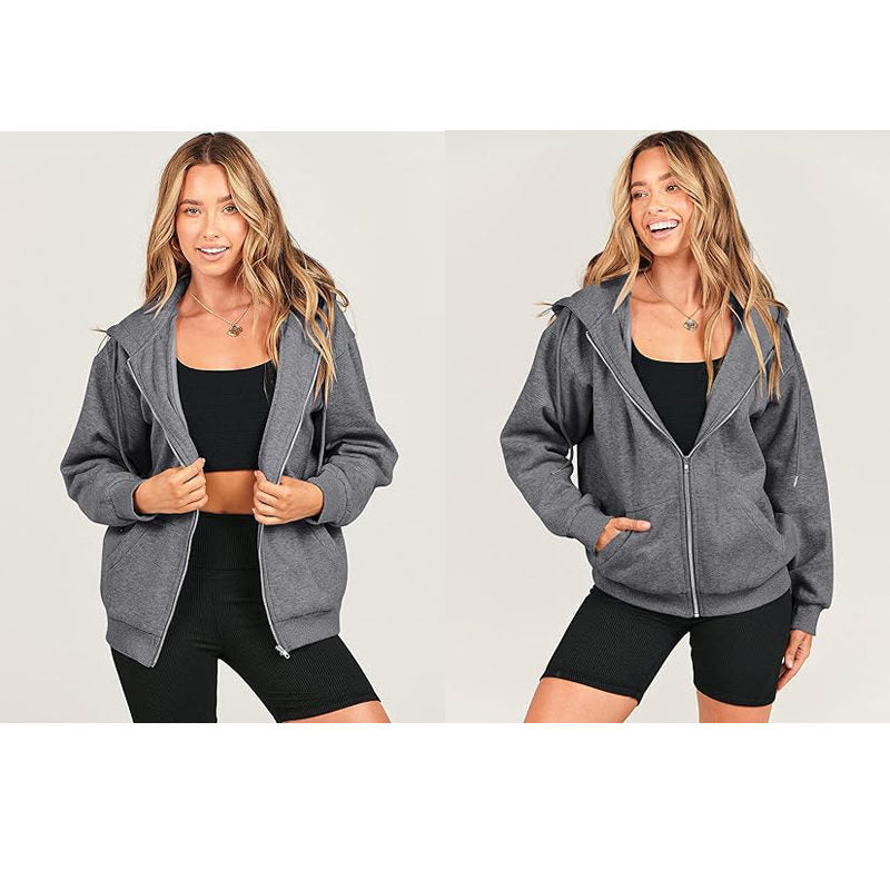 Beakey Womens Zip Up Hoodies with Pockets Y2K Oversized Sweatshirts-Dark Grey