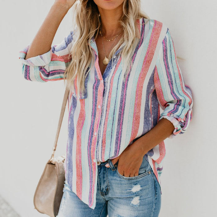 Beakey Women V Neck Long Sleeve Striped Casual Button Down Blouses Tops--Pink Purple-T6755