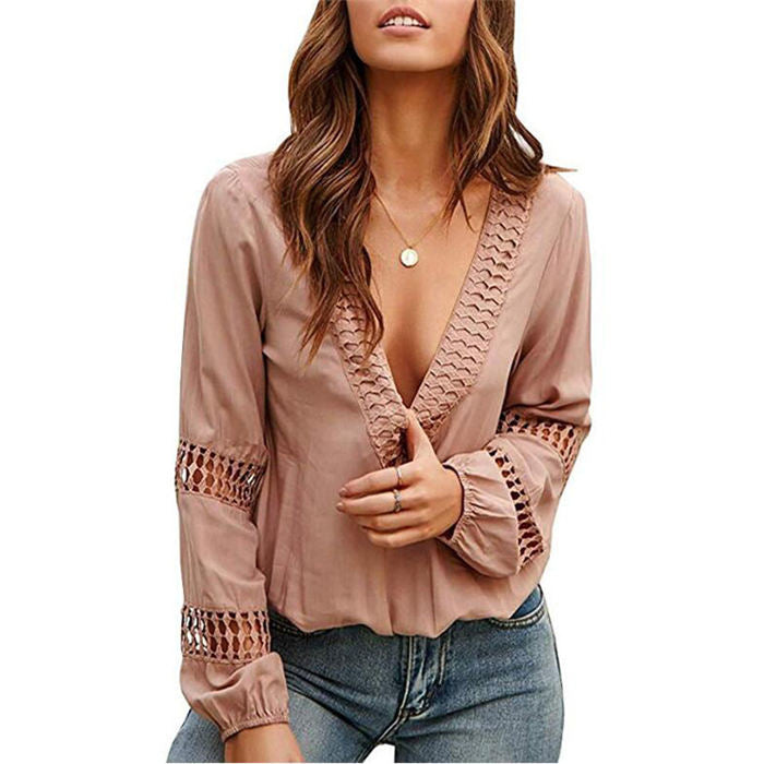 Beakey Womens V Neck Lantern Long Sleeve Blouse Hollow Out Casual Shirts-Pink-80082
