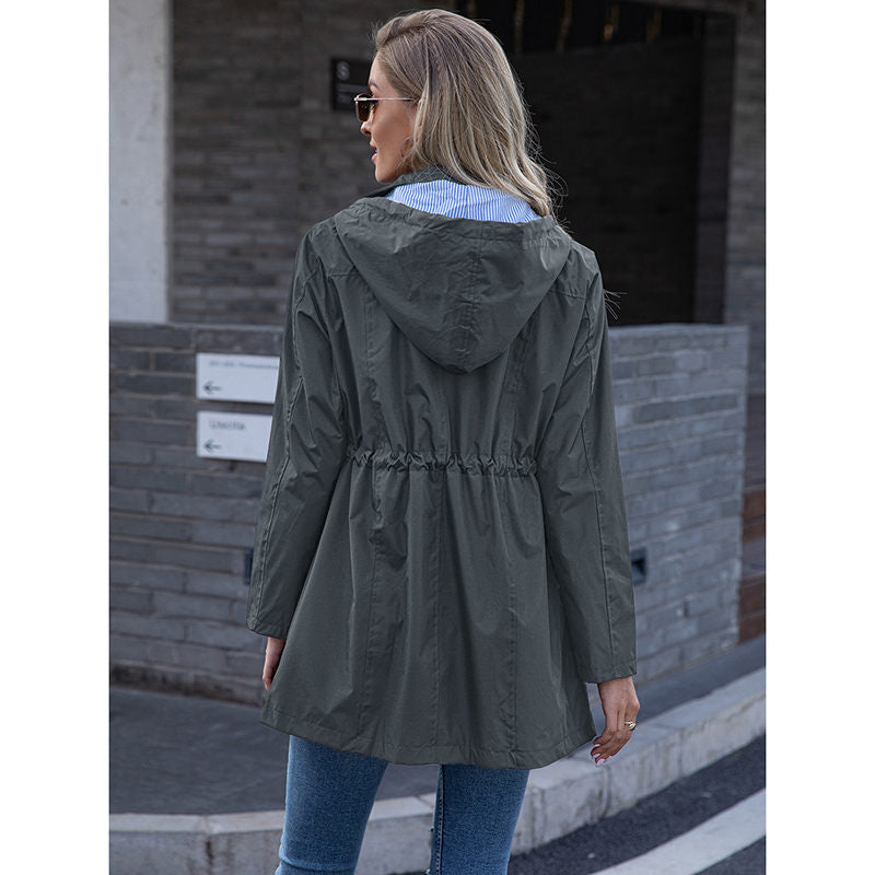 Beakey Rain Jacket for Women Striped Lined Hooded Lightweight Windbreaker-Dark Grey