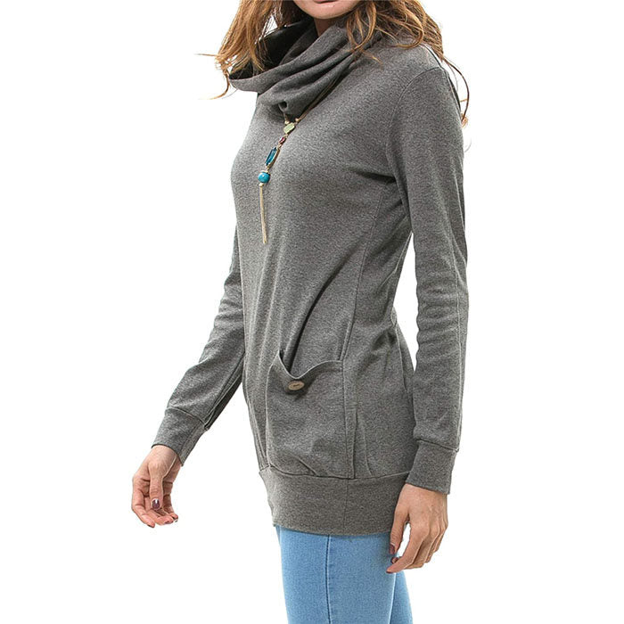 Beakey Womens Long Sleeve Buttons High Neck Casual Sweatshirts Tunic Tops With Pockets-Gray-T4554
