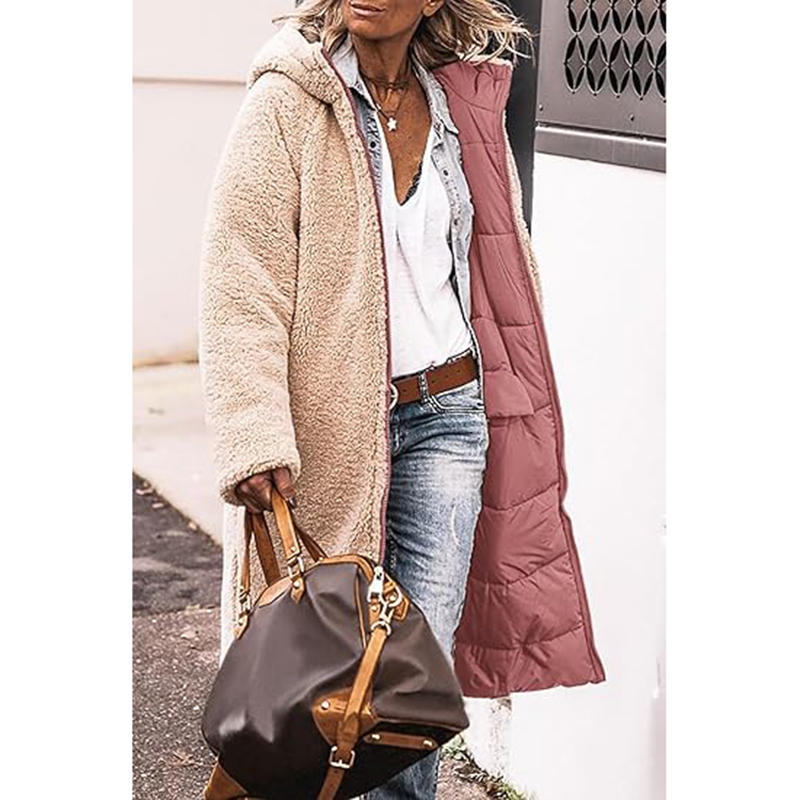 Beakey Womens Long Coats with Hood Fleece Lining Oversized Jackets-Pink