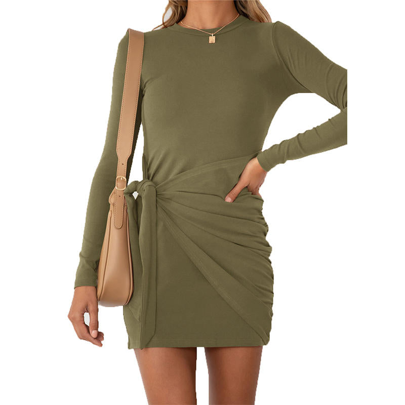 Beakey Women's Long Sleeve Tie Waist Dress Ruched Bodycon Short Dresses-Army Green