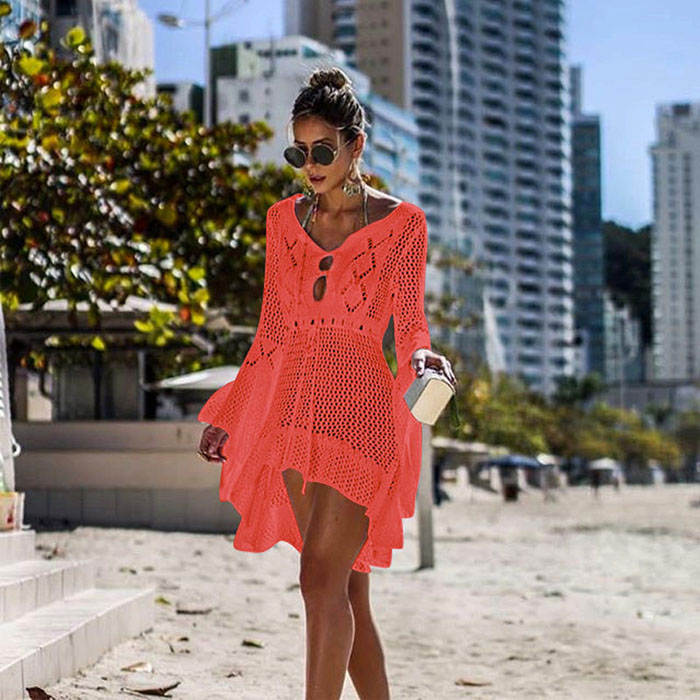 Beakey Women Beach Swimsuit for Women Flared Sleeves Coverups Bikini Loose Cover Up Net-Orange