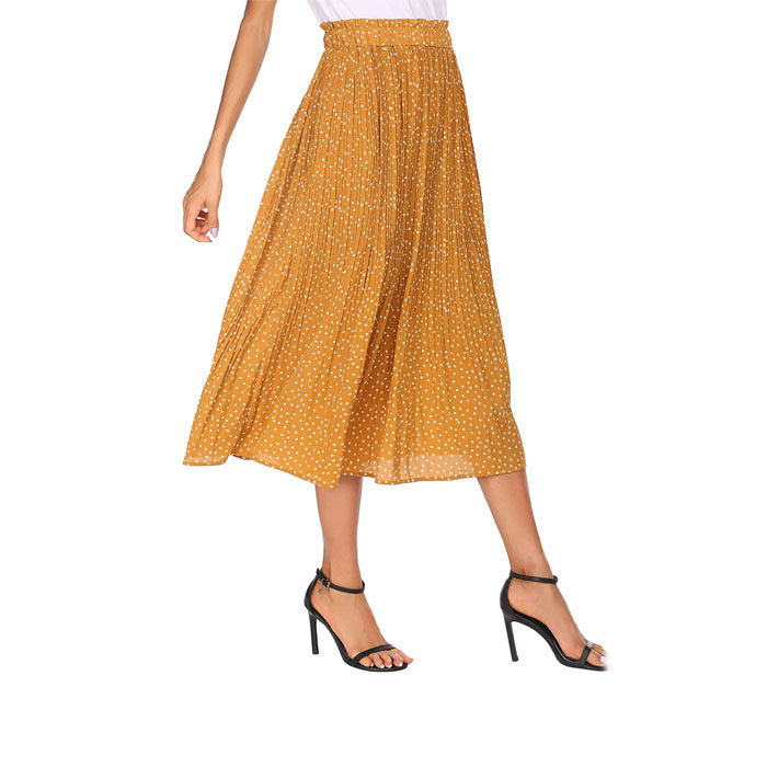 Beakey Womens High Waist Skirt Polka Dot Pleated Midi Maxi Swing Skirt High Elastic-Yellow-0387