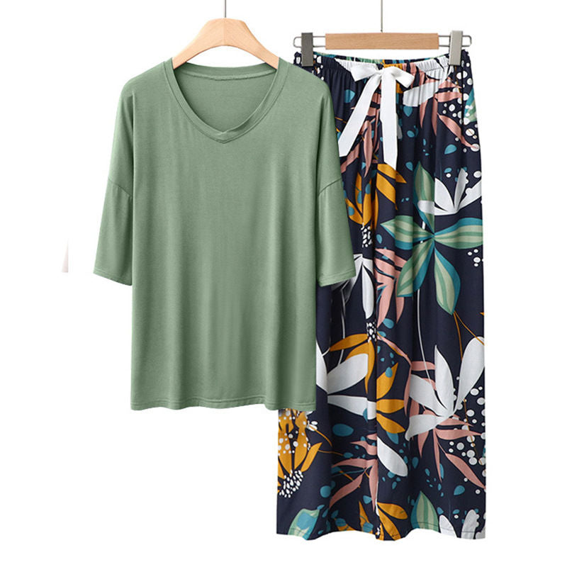 Beakey Womens Pajama Set Print Sleepwear Soft V-Neck Short Sleeve Top With Pants-12