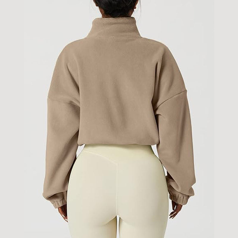 Beakey Womens Fleece Crop Jacket Full Zip Stand Collar Winter Coat-Oatmeal