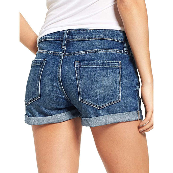 Beakey Women's Ripped Jean Shorts Mid Rise Stretchy Folded Hem Hot Pants-Dark Blue-UX11323