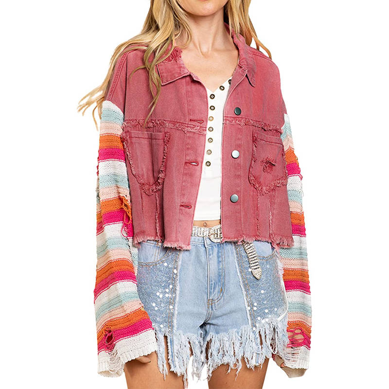 Beakey Womens Patchwork Denim Jacket Rainbow Knit Long Sleeve Crop Coat-Red