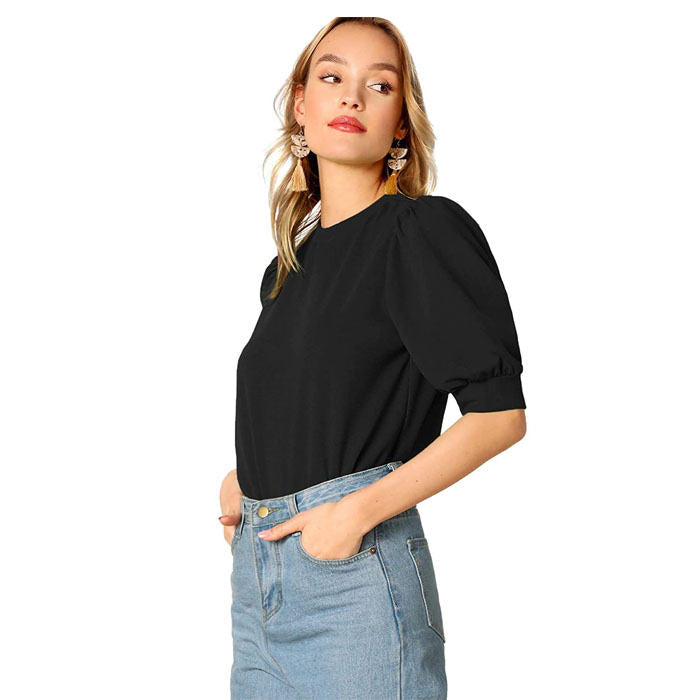Beakey Women's Unique Puff Sleeve Casual Solid Top Pullover Keyhole Back Blouse-Black-8821