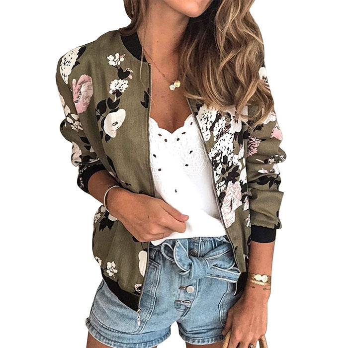 Beakey Women's Fashion Zip Up Casual Jacket Coat Short Outwear Flower Printing Tops-Army Green-8795