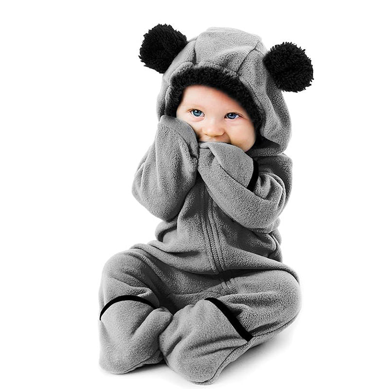 Beakey Baby Fleece Bodysuit Zipper Closure with Hood & Mittens for Winter-Grey