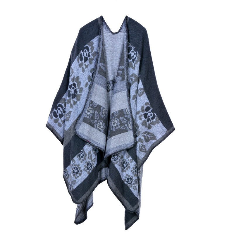Beakey Womens Winter Reversible Oversized Blanket Cape Shawl-Flower Gray