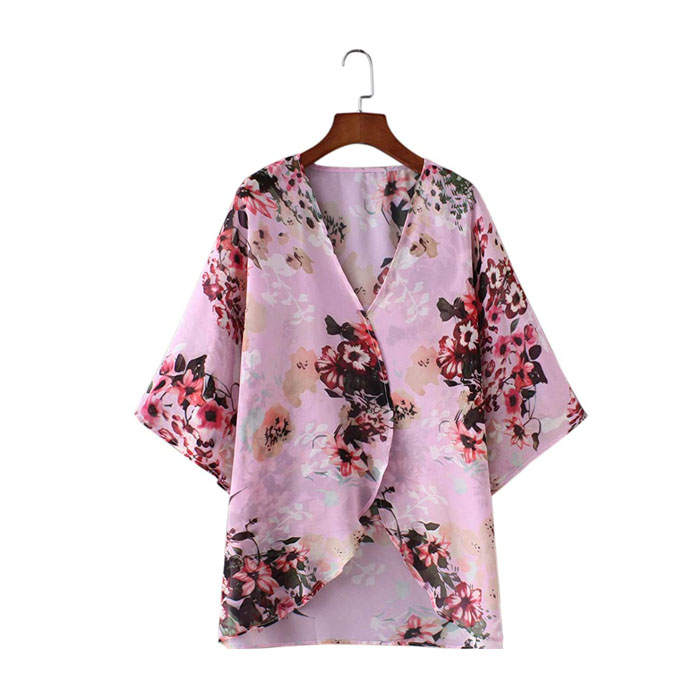 Beakey Women's Summer Floral Print Kimonos Loose Half Sleeve Chiffon Cardigan Blouses Casual Cover Up - Pink