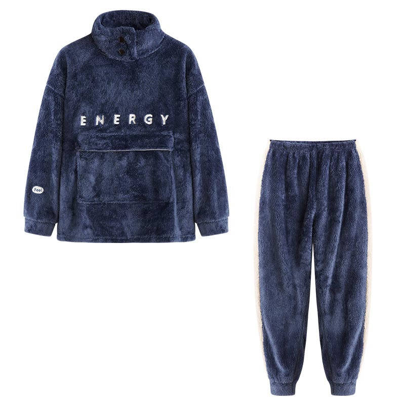 Beakey Thickening Coral Fleece Pajamas Set for Women-NavyBlue