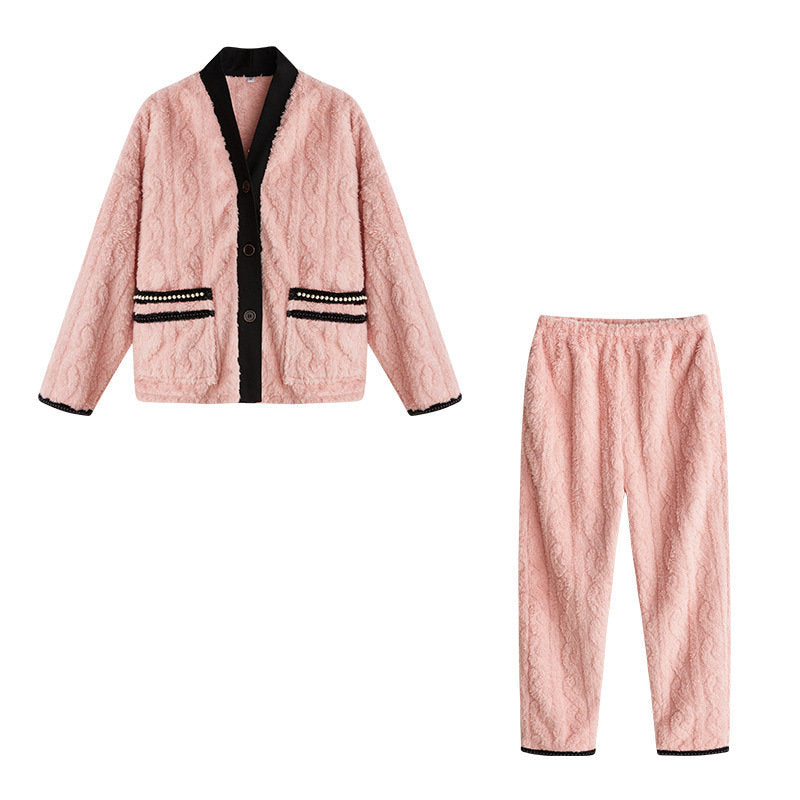 Beakey Women's Fleece Fashion Cardigan Pajama Set-Pink