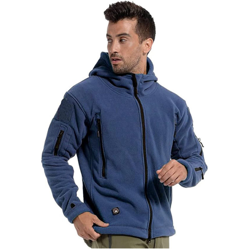 Beakey Military Tactical Jacket for Men Fleece Hooded Coat with Zipper-Navy Blue