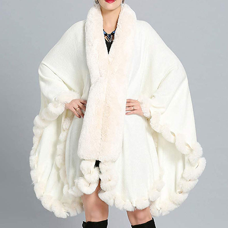 Beakey Womens Faux Fox Fur Trim Cardigan Shawl Oversized Cape-White