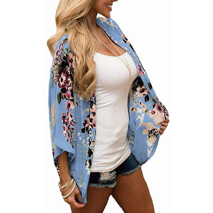 Beakey Women's Summer Floral Print Kimonos Loose Half Sleeve Chiffon Cardigan Blouses Casual Cover Up - Blue