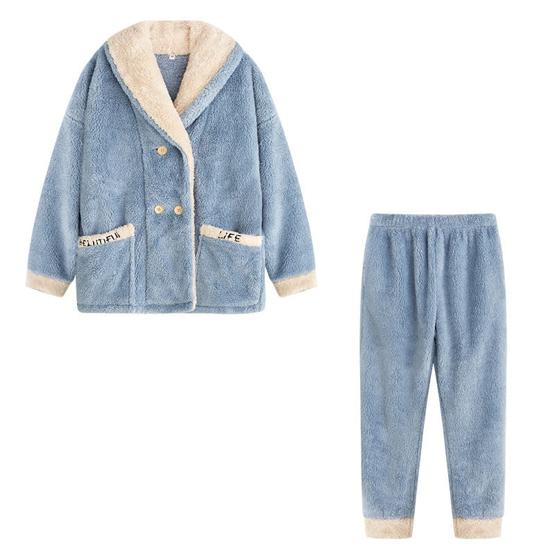 Beakey Womens Plush Pajamas Cardigan Set Loungewear-Haze Blue