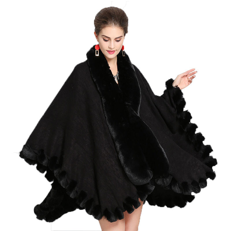 Beakey Womens Faux Fox Fur Trim Cardigan Shawl Oversized Cape-Black