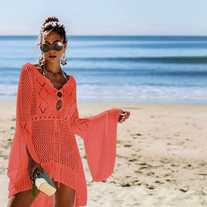 Beakey Women Beach Swimsuit for Women Flared Sleeves Coverups Bikini Loose Cover Up Net-Orange