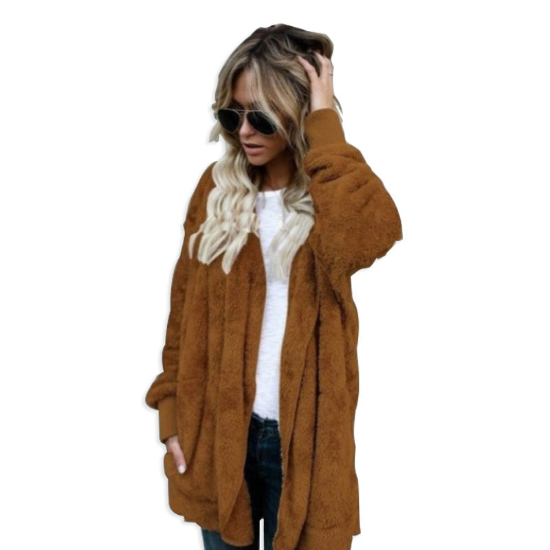 Beakey Womens Long Sleeve Fuzzy Fleece Jacket Hooded Cardigan Coat with Pockets-Brown