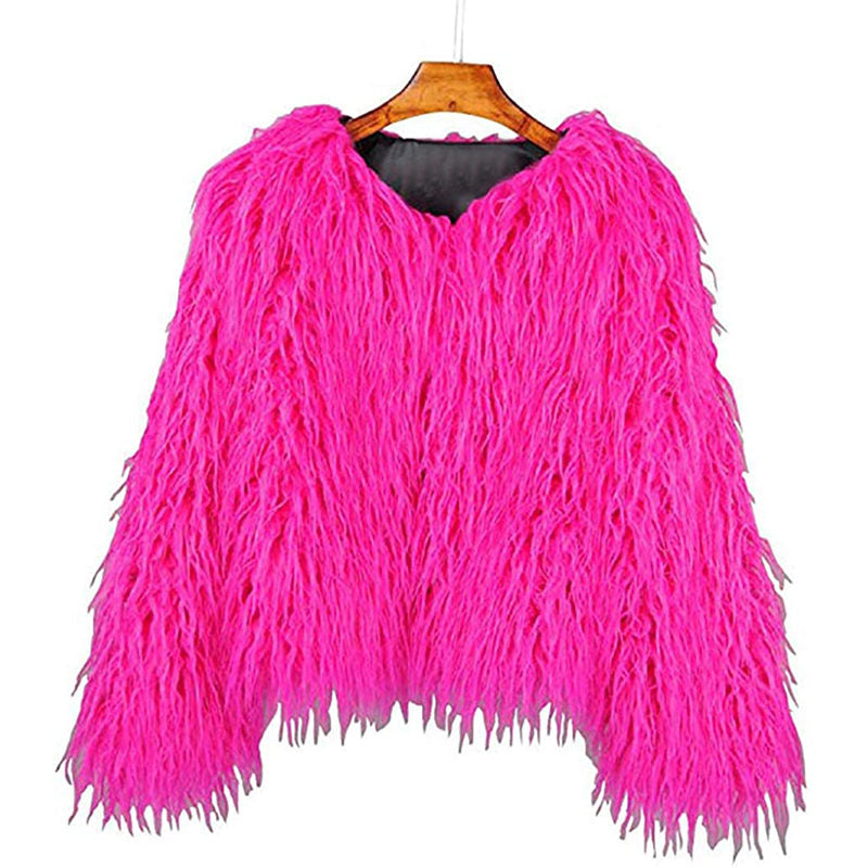 Beakey Womens Shaggy Faux Fur Outwear Short Thermal Coat-Rose Red