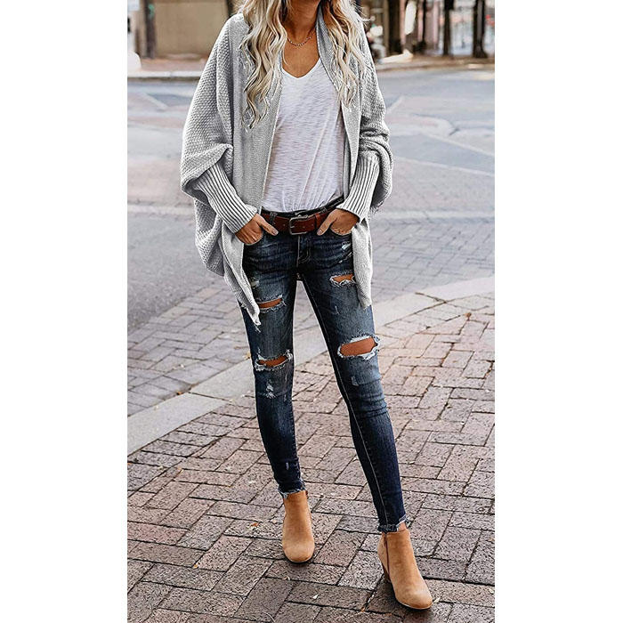 Beakey Women's Batwing Knitted Oversized Slouchy Solid Cardigan Sweater Knit Outwear-Light Gray
