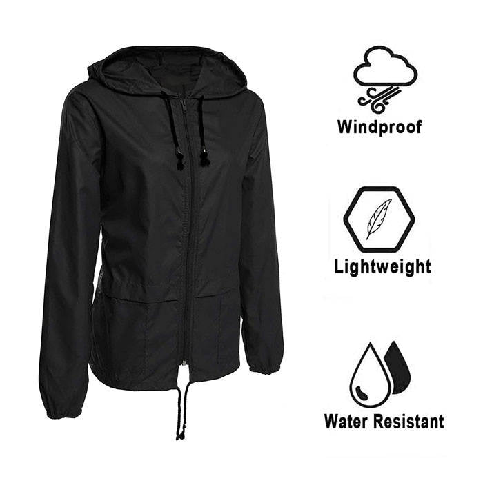 Beakey Women Lightweight Waterproof Raincoat Packable Outdoor Hooded Windbreaker-Black-AL1064