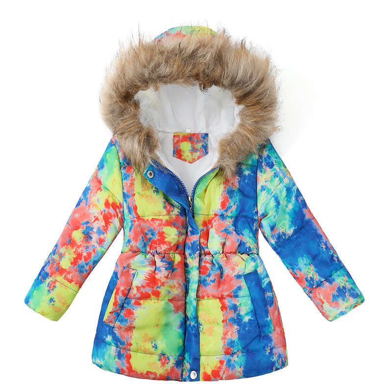 Beakey Kids Girls Winter Coat Colorful Printed Cotton Puffer Hooded Jacket-C