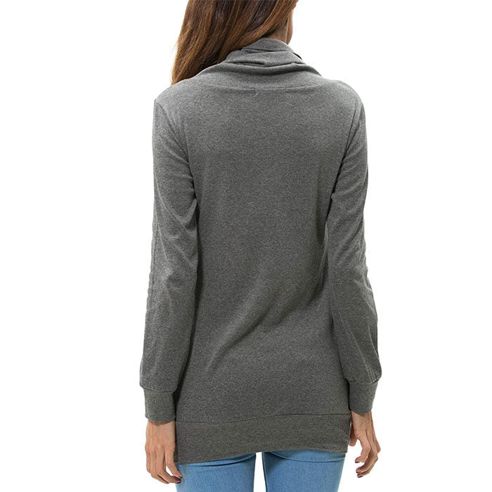 Beakey Womens Long Sleeve Buttons High Neck Casual Sweatshirts Tunic Tops With Pockets-Gray-T4554
