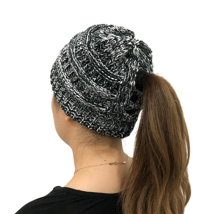 Beakey Soft Stretch Cable Knit Hat Ponytail Beanie Winter Hat For Women-Black Flower