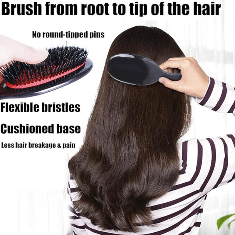 Beakey Boar Bristle Hair Brush Anti-frizz for Curly Fine Tangled Hair-AllBlack