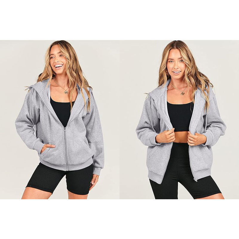Beakey Womens Zip Up Hoodies with Pockets Y2K Oversized Sweatshirts-Light Grey