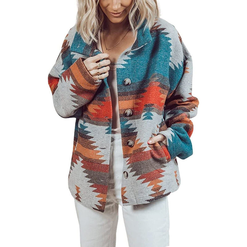 Beakey Womens Aztec Shacket Jacket Boho Wool Blend Coat with Pockets-Orange