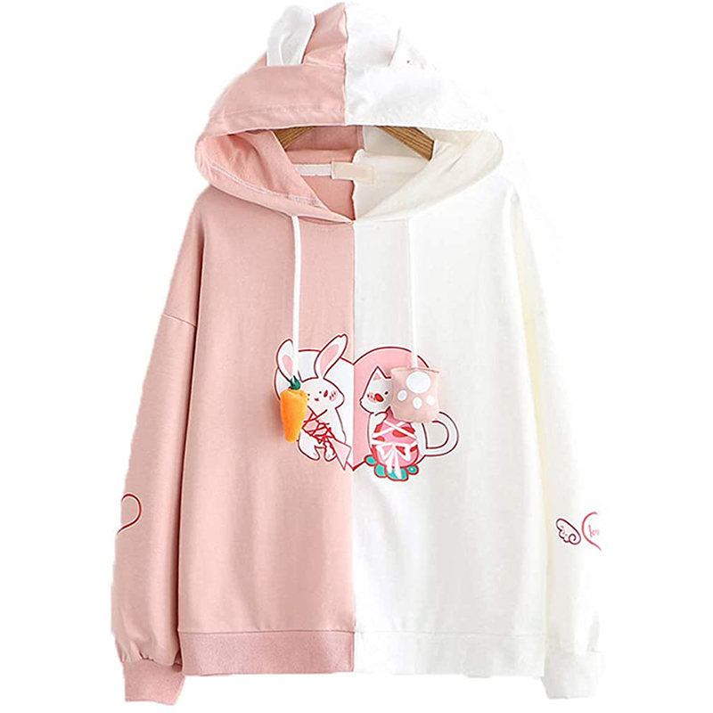 Beakey Womens Cute Hoodie Cat Rabbit Patchwork Pullover-PinkWhite
