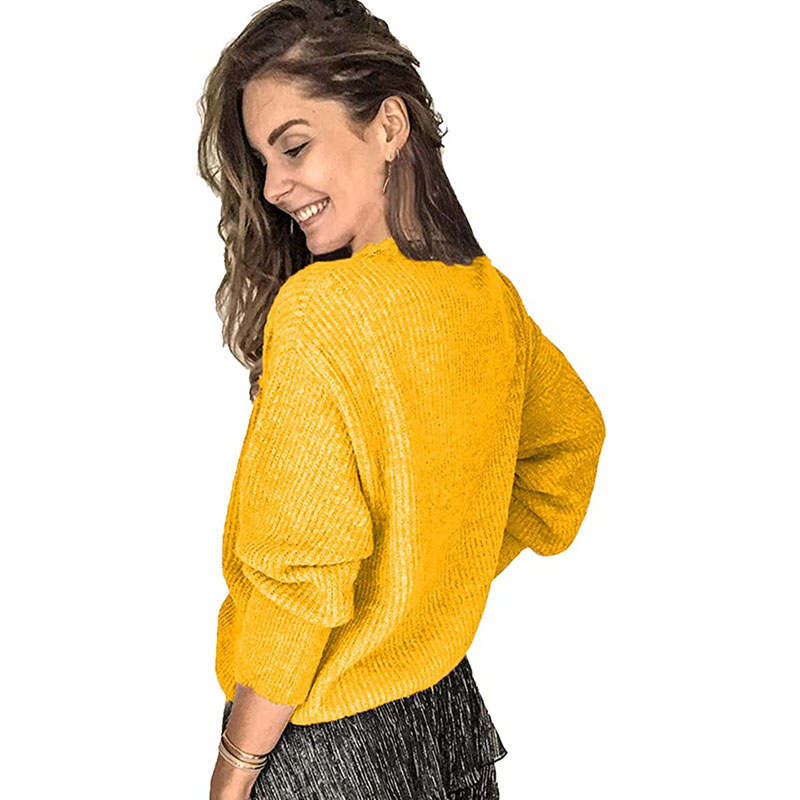 Beakey Womens Pullover Sweater Lace V Neck Long Sleeve Button Top-Yellow