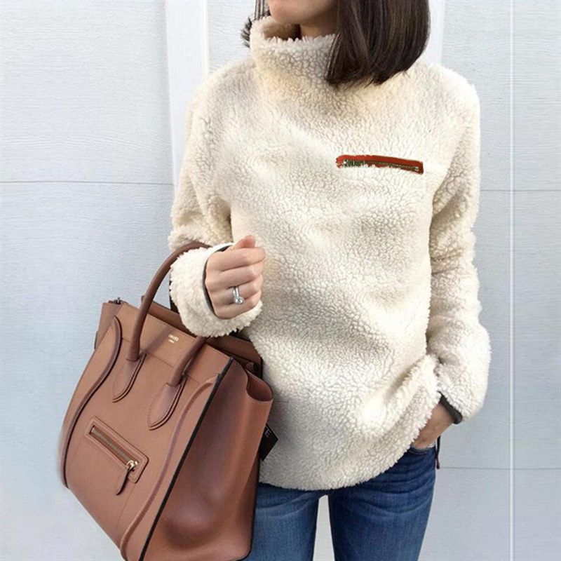 Beakey Womens Turtleneck Sweatshirt Winter Faux Fuzzy Sherpa Pullover-Light Apricot