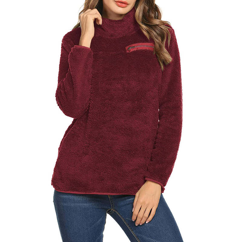 Beakey Womens Turtleneck Sweatshirt Winter Faux Fuzzy Sherpa Pullover-Wine Red