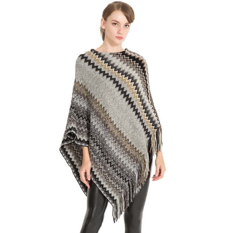 Beakey Womens Stripe Knitted Poncho Top with Tassel-Grey