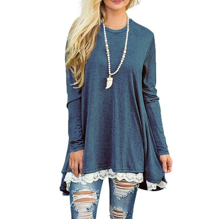 Beakey Women's Crew Neck Long Sleeve Lace Splicing Shirt Long Tunic Blouses-Blue-1228