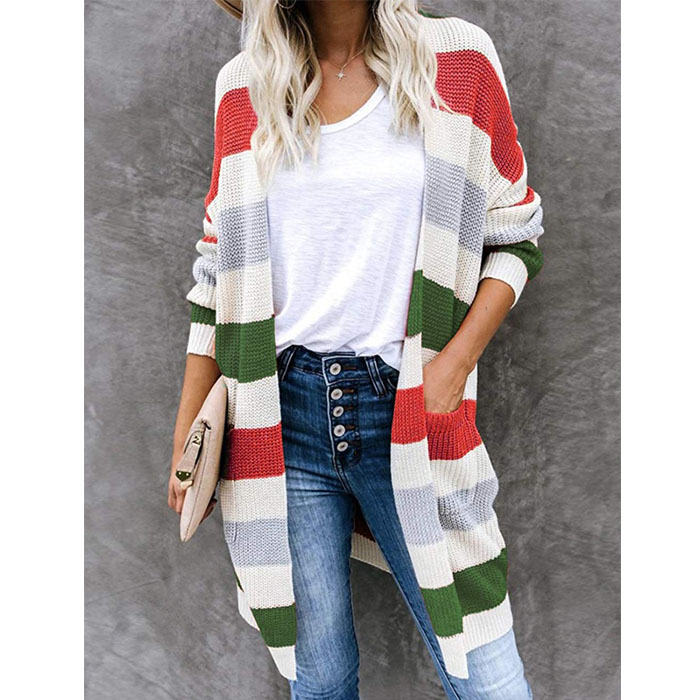 Beakey Women¡¯s Open Front Long Cardigan Strip Color Block Knit Fall Outwear Sweater-Red-AL6014