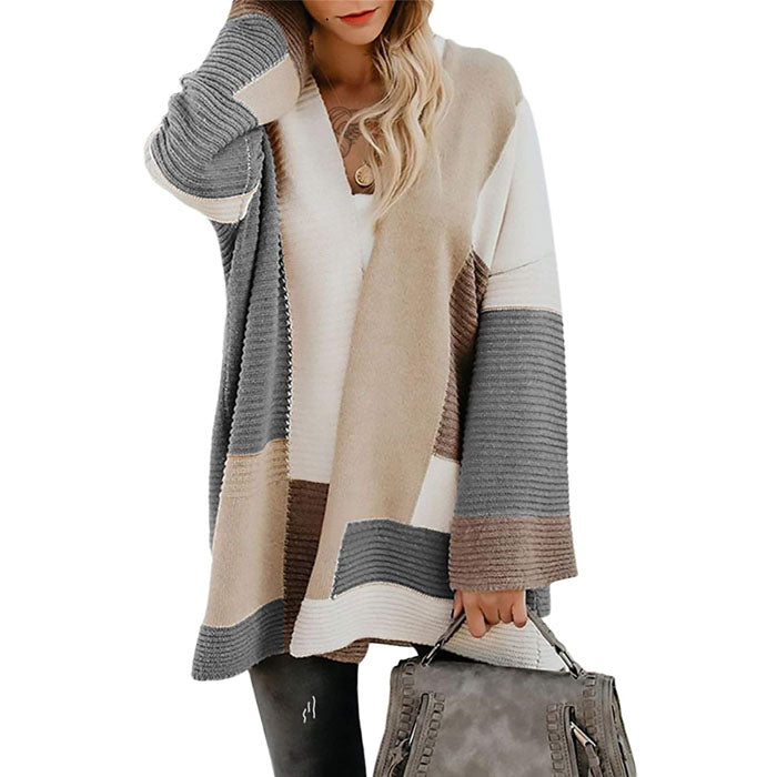 Beakey Womens Color Block Cardigan Open Front Sweaters Loose Knit Casual Coat-Gray-AL6009