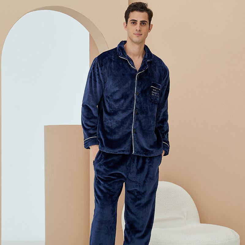 Beakey Thicken Warm Flannel Pajamas Set Homewear-Navy Blue