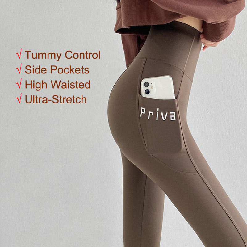 Beakey Womens Leggings High Waisted with Pockets Yoga Pants for Spring Fall-Coffee