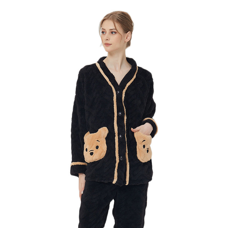 Beakey Womens V Neck Buttons Cardigan Pajamas Set-Yellow Bear