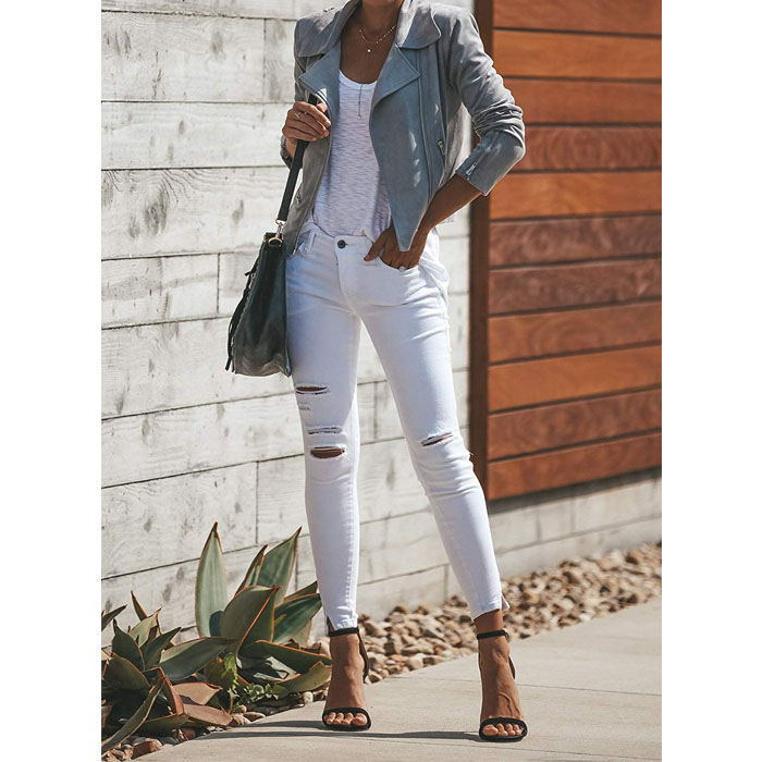 Beakey Women's Multiple Zippers Notch Collar Moto Jacket Casual Short Coat-Gray-YC0271